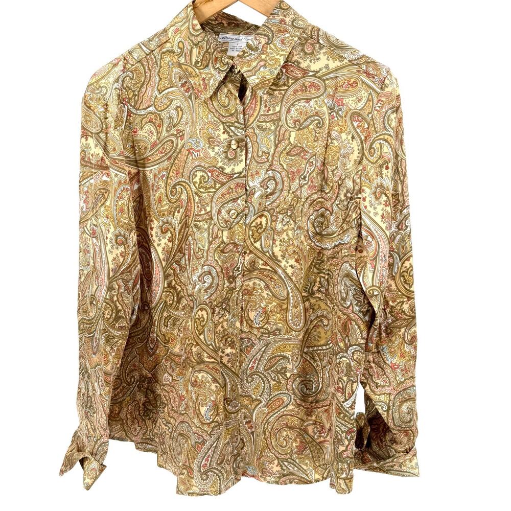 Vintage 90s Anna and Frank Olive 100% Silk Paisley Button-Up Blouse